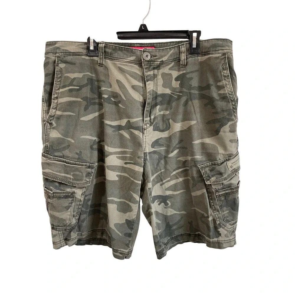 Vtg Unionbay Mens Camouflage Cargo Shorts Green Grey Camo Stretch Size 40 Y2K